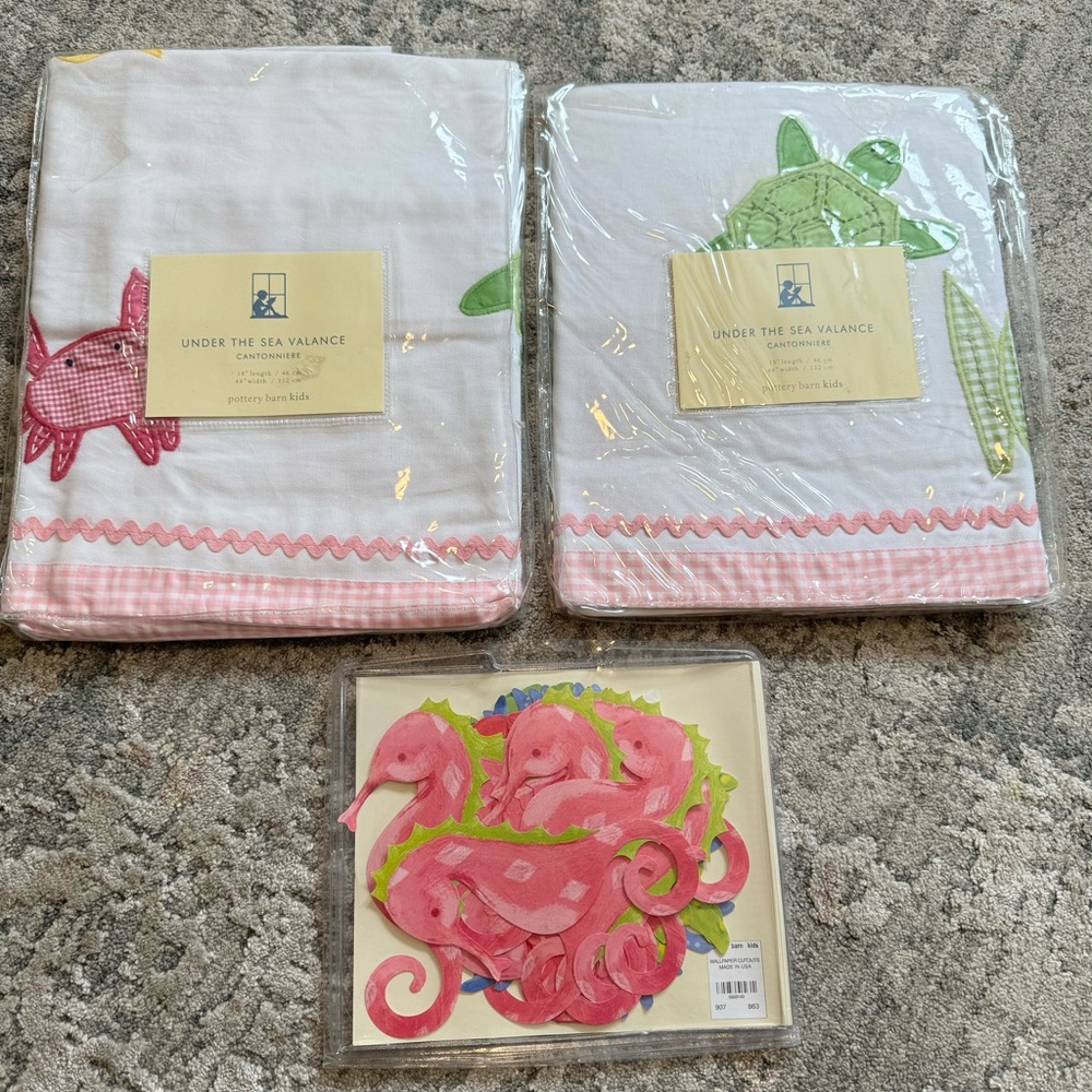 Pottery Barn Kids Under The Sea Valances (2) and Seahorse Wallies Wall Decals
